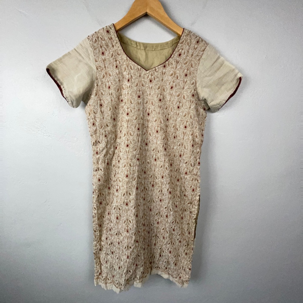 Tunic Dress Women Small Beige Embroidered Short Sleeve Cottagecore Boho Linen